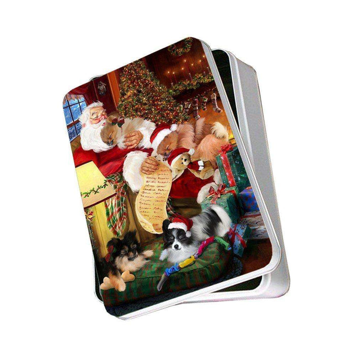 Pomeranian Dog with Puppies Sleeping with Santa Photo Tin