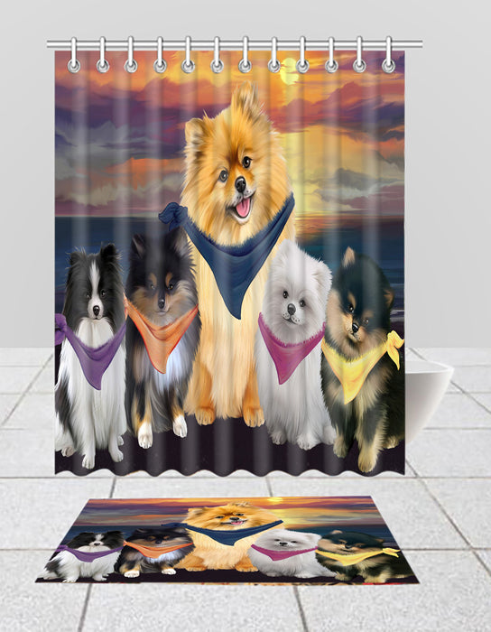 Family Sunset Portrait Pomeranian Dogs Bath Mat and Shower Curtain Combo