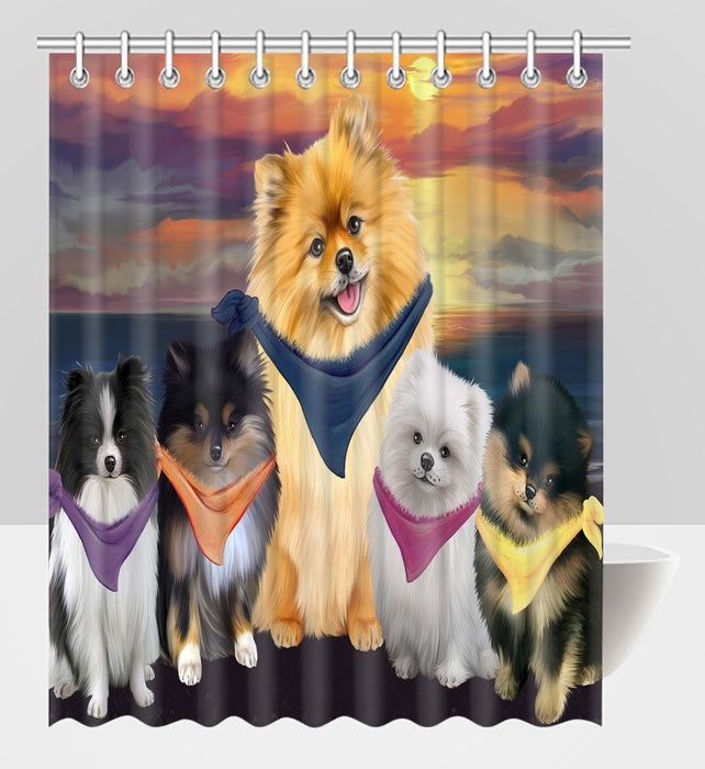 Family Sunset Portrait Pomeranian Dogs Shower Curtain