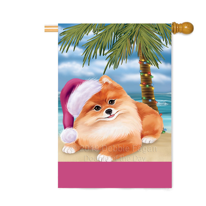 Personalized Summertime Happy Holidays Christmas Pomeranian Dog on Tropical Island Beach Custom House Flag FLG-DOTD-A60563