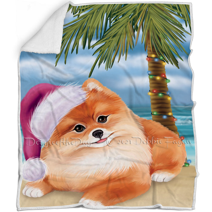 Summertime Happy Holidays Christmas Pomeranian Dog on Tropical Island Beach Blanket D187
