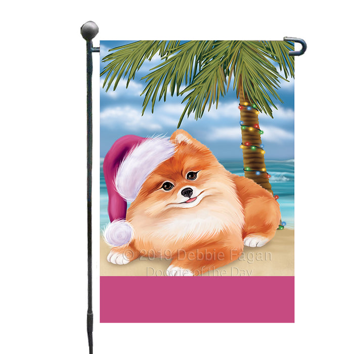 Personalized Summertime Happy Holidays Christmas Pomeranian Dog on Tropical Island Beach  Custom Garden Flags GFLG-DOTD-A60507