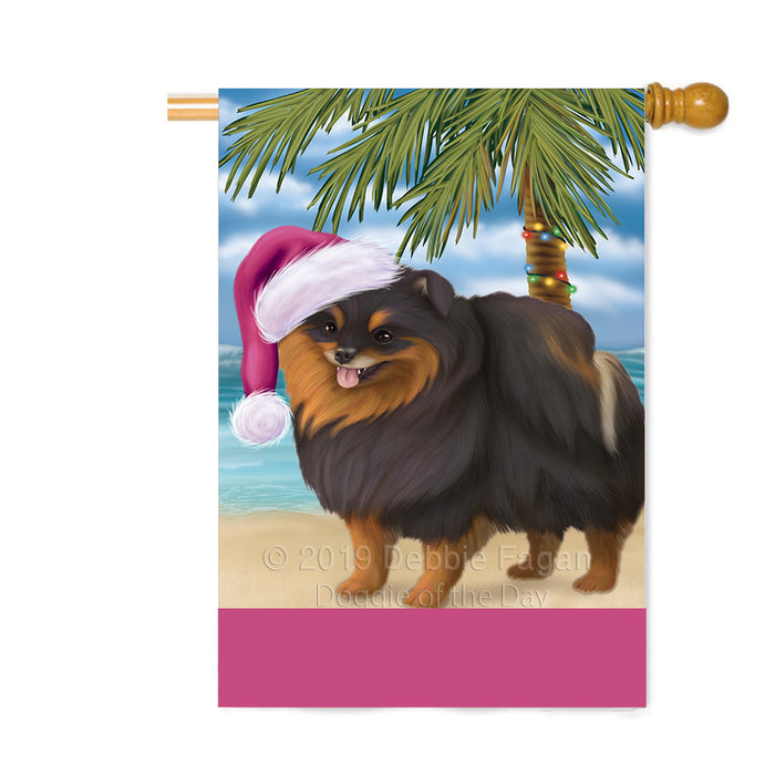 Personalized Summertime Happy Holidays Christmas Pomeranian Dog on Tropical Island Beach Custom House Flag FLG-DOTD-A60564