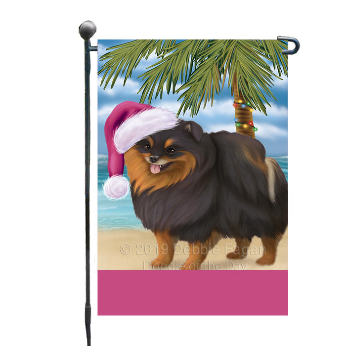 Personalized Summertime Happy Holidays Christmas Pomeranian Dog on Tropical Island Beach  Custom Garden Flags GFLG-DOTD-A60508