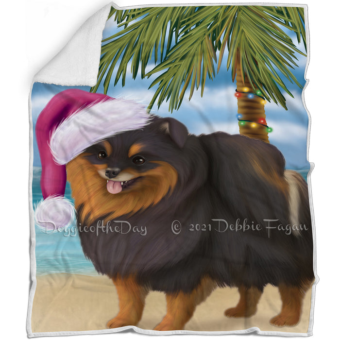 Summertime Happy Holidays Christmas Pomeranians Dog on Tropical Island Beach Blanket