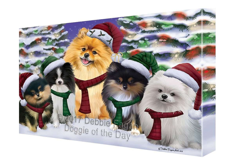 Pomeranians Dog Christmas Family Portrait in Holiday Scenic Background Canvas Wall Art