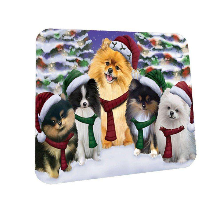 Pomeranians Dog Christmas Family Portrait in Holiday Scenic Background Coasters Set of 4