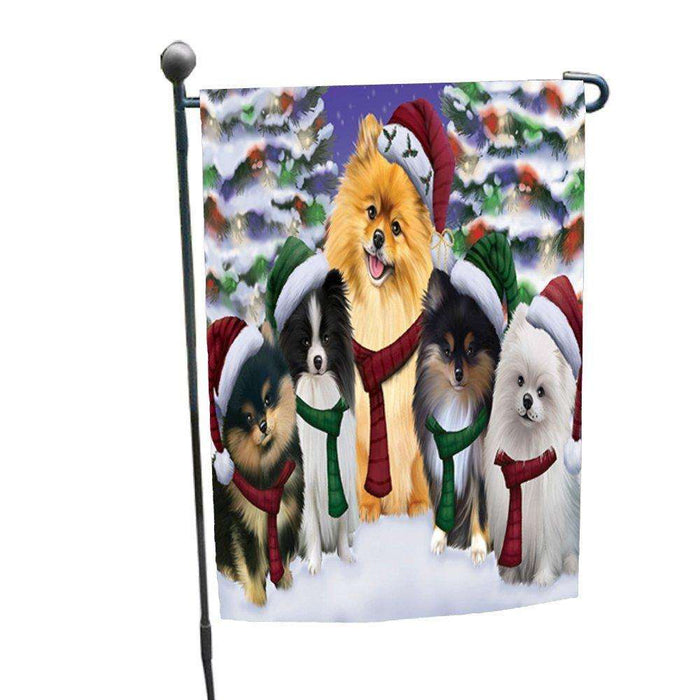 Pomeranians Dog Christmas Family Portrait in Holiday Scenic Background Garden Flag