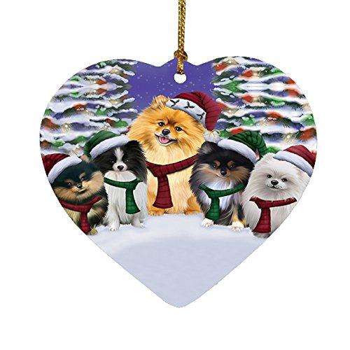Pomeranians Dog Christmas Family Portrait in Holiday Scenic Background Heart Ornament