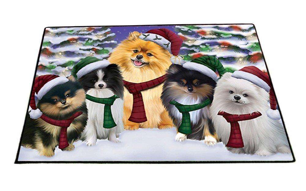 Pomeranians Dog Christmas Family Portrait in Holiday Scenic Background Indoor/Outdoor Floormat