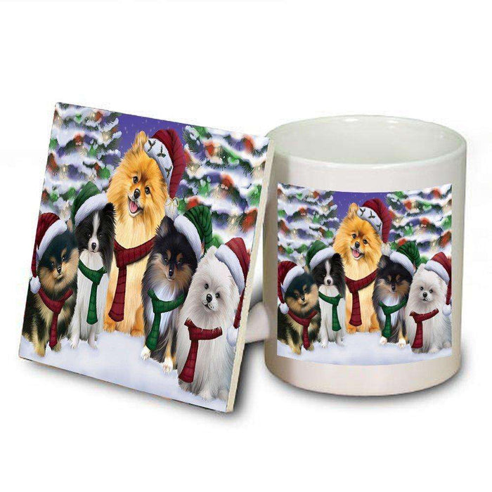Pomeranians Dog Christmas Family Portrait in Holiday Scenic Background Mug and Coaster Set