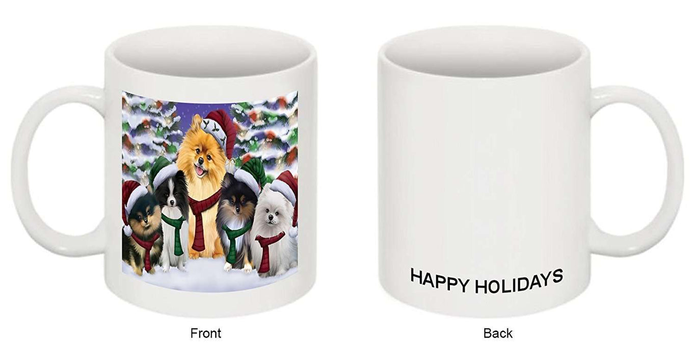 Pomeranians Dog Christmas Family Portrait in Holiday Scenic Background Mug