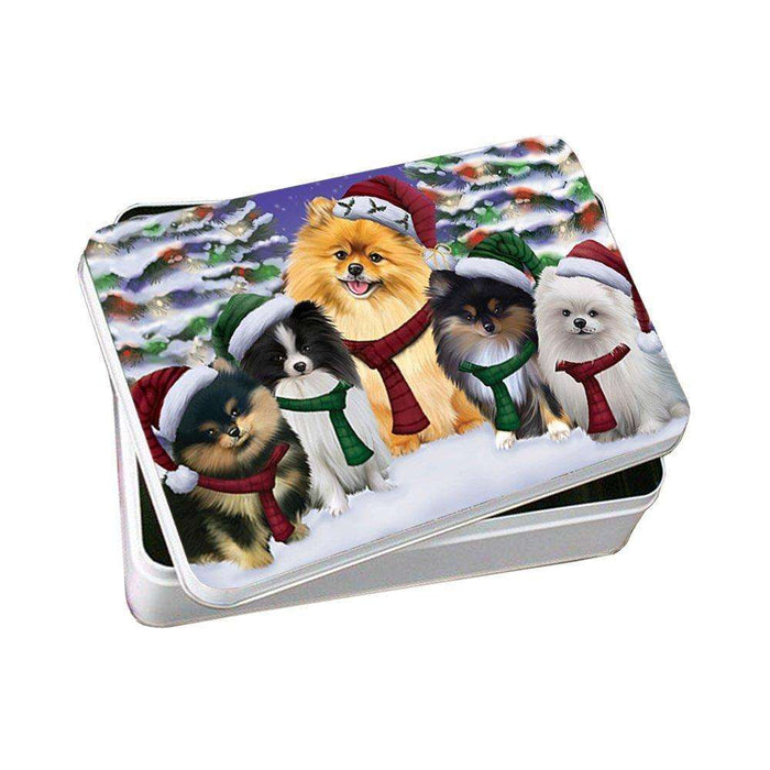 Pomeranians Dog Christmas Family Portrait in Holiday Scenic Background Photo Storage Tin