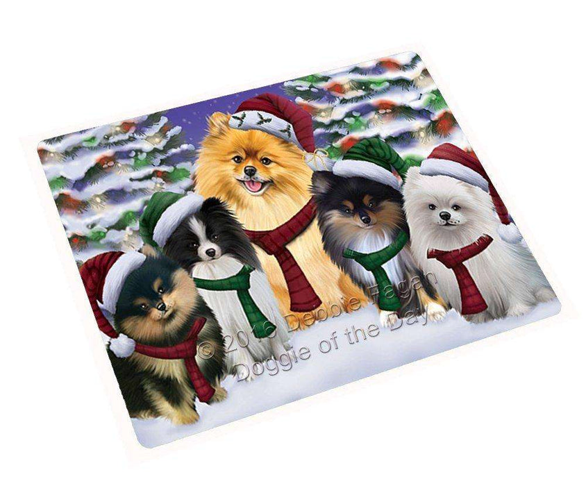 Pomeranians Dog Christmas Family Portrait in Holiday Scenic Background Tempered Cutting Board