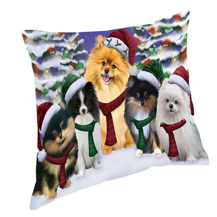 Pomeranians Dog Christmas Family Portrait in Holiday Scenic Background Throw Pillow