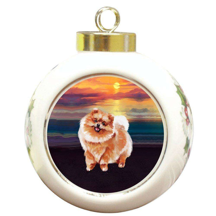 Pomeranians Dog Round Ceramic Christmas Ornament