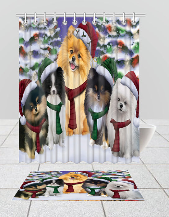 Pomeranian Dogs Christmas Family Portrait in Holiday Scenic Background  Bath Mat and Shower Curtain Combo