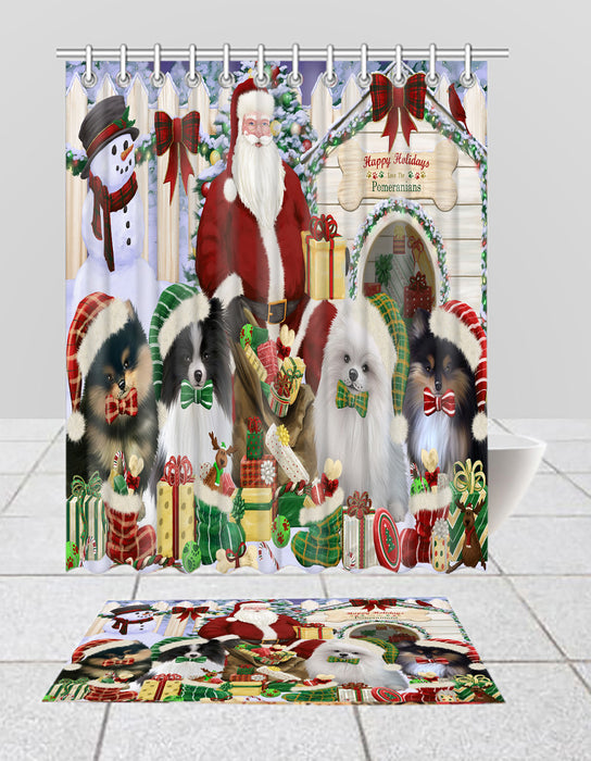 Happy Holidays Christmas Pomeranian Dogs House Gathering Bath Mat and Shower Curtain Combo