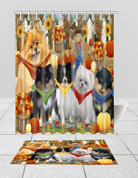 Fall Festive Harvest Time Gathering Pomeranian Dogs Bath Mat and Shower Curtain Combo