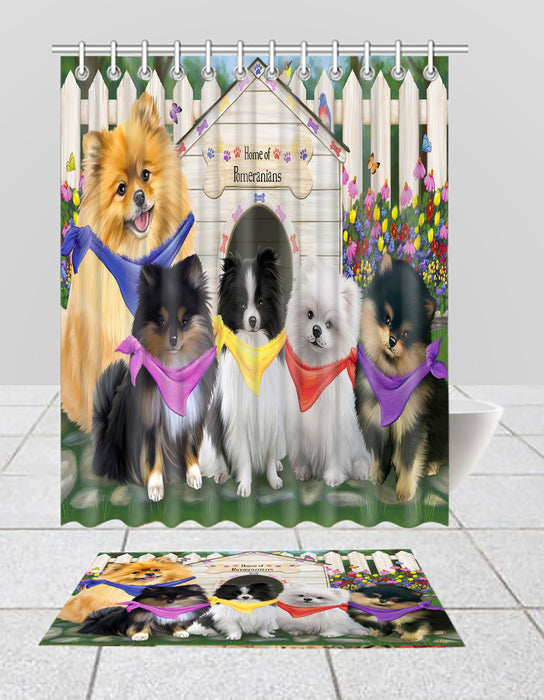 Spring Dog House Pomeranian Dogs Bath Mat and Shower Curtain Combo