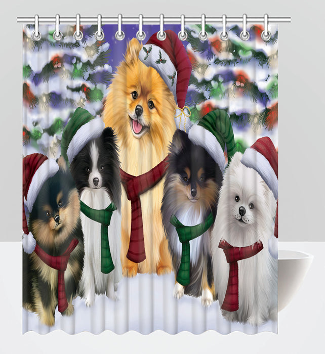 Pomeranian Dogs Christmas Family Portrait in Holiday Scenic Background Shower Curtain