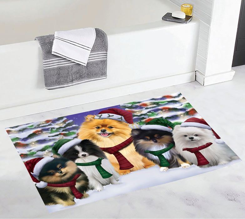Pomeranian Dogs Christmas Family Portrait in Holiday Scenic Background Bath Mat