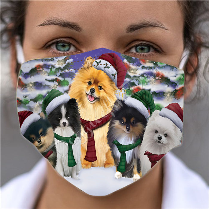 Pomeranian Dogs Christmas Family Portrait in Holiday Scenic Background Face Mask FM48365