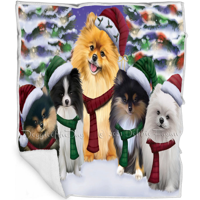 Pomeranians Dog Christmas Family Portrait in Holiday Scenic Background Art Portrait Print Woven Throw Sherpa Plush Fleece Blanket