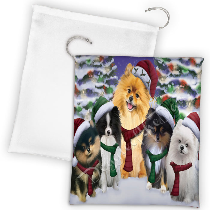 Pomeranian Dogs Christmas Family Portrait in Holiday Scenic Background Drawstring Laundry or Gift Bag LGB48163