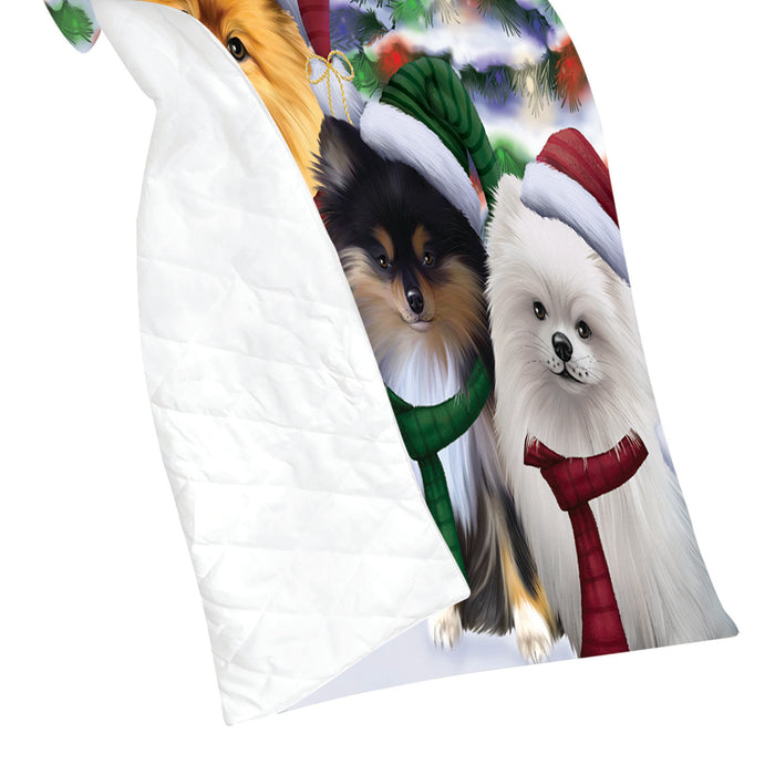 Pomeranian Dogs Christmas Family Portrait in Holiday Scenic Background Quilt