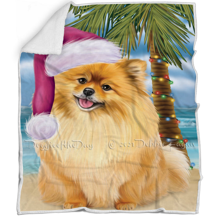 Summertime Happy Holidays Christmas Pomeranian Spitz Dog on Tropical Island Beach Blanket D188