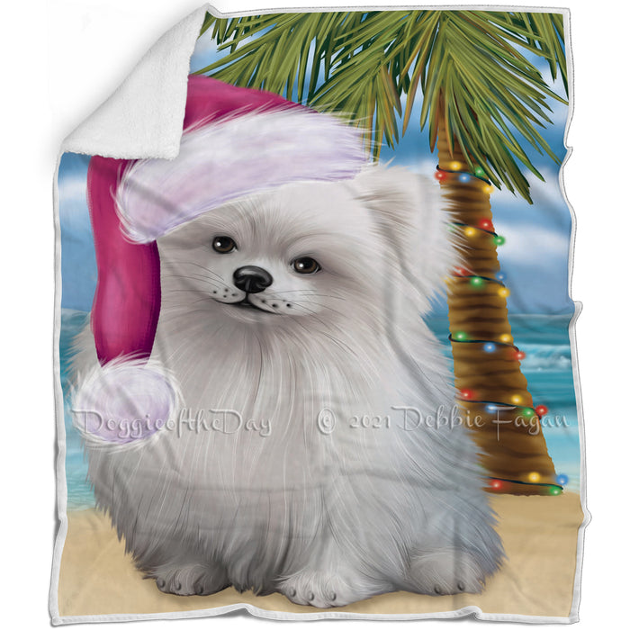 Summertime Happy Holidays Christmas Pomeranian Spitz Dog on Tropical Island Beach Blanket D189