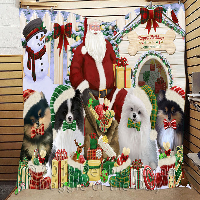 Happy Holidays Christmas Pomeranian Dogs House Gathering Quilt