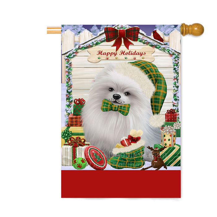 Personalized Happy Holidays Christmas Pomeranian Dog House with Presents Custom House Flag FLG-DOTD-A59409