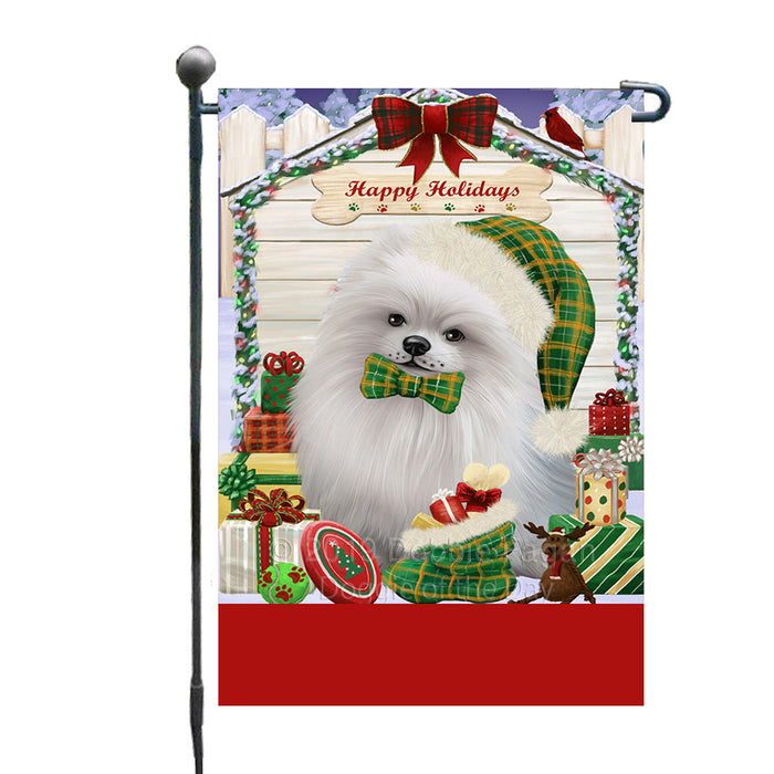 Personalized Happy Holidays Christmas Pomeranian Dog House with Presents Custom Garden Flags GFLG-DOTD-A59353