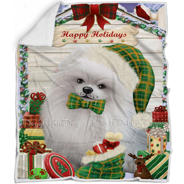 Happy Holidays Christmas Pomeranian Dog House With Presents Blanket BLNKT85836