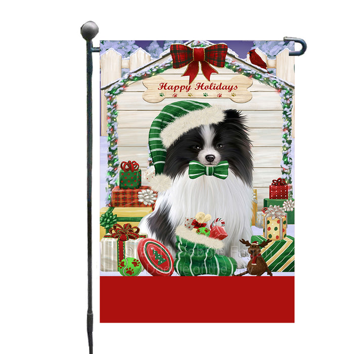 Personalized Happy Holidays Christmas Pomeranian Dog House with Presents Custom Garden Flags GFLG-DOTD-A59354