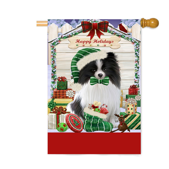 Personalized Happy Holidays Christmas Pomeranian Dog House with Presents Custom House Flag FLG-DOTD-A59410