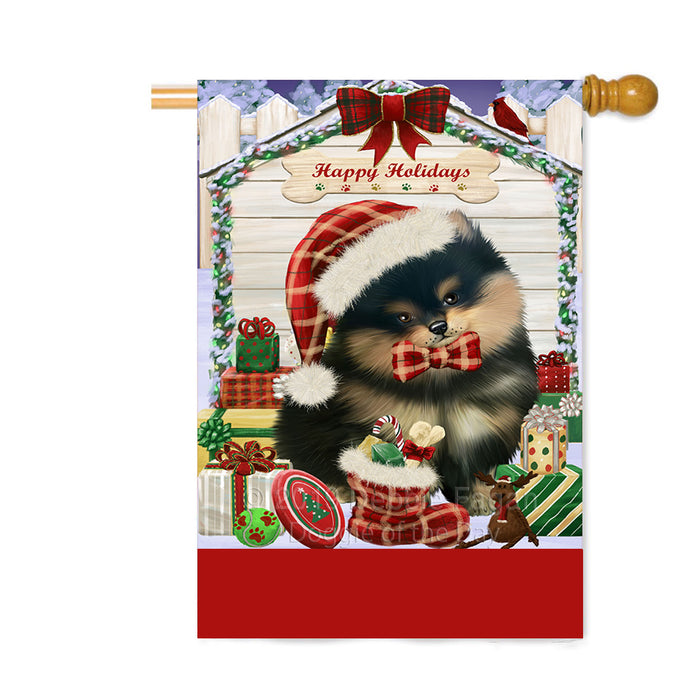Personalized Happy Holidays Christmas Pomeranian Dog House with Presents Custom House Flag FLG-DOTD-A59411