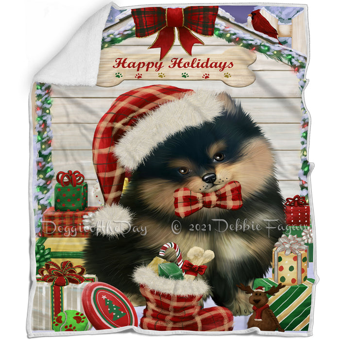 Happy Holidays Christmas Pomeranian Dog House With Presents Blanket BLNKT85854