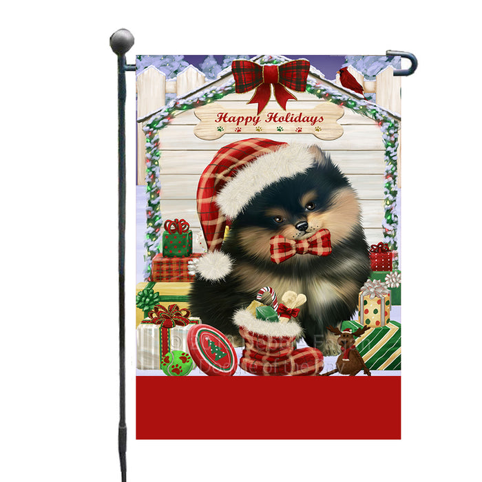 Personalized Happy Holidays Christmas Pomeranian Dog House with Presents Custom Garden Flags GFLG-DOTD-A59355