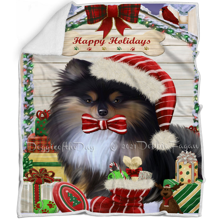 Happy Holidays Christmas Pomeranian Dog House With Presents Blanket BLNKT85863
