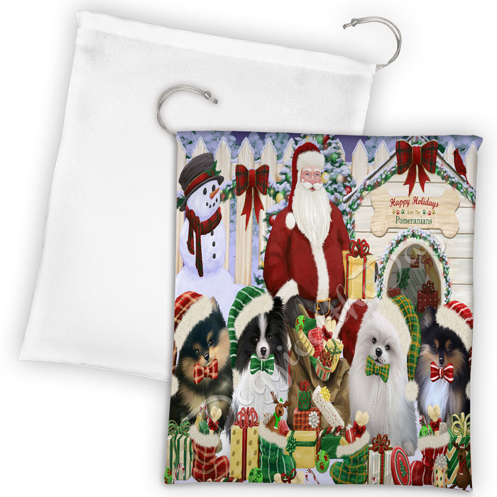 Happy Holidays Christmas Pomeranian Dogs House Gathering Drawstring Laundry or Gift Bag LGB48067