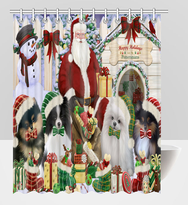 Happy Holidays Christmas Pomeranian Dogs House Gathering Shower Curtain