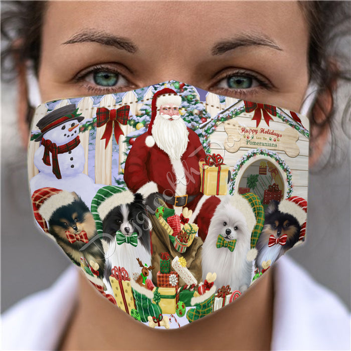 Happy Holidays Christmas Pomeranian Dogs House Gathering Face Mask FM48269