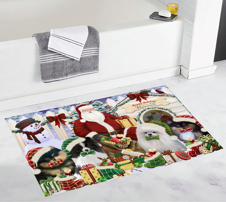 Happy Holidays Christma Pomeranian Dogs House Gathering Bath Mat