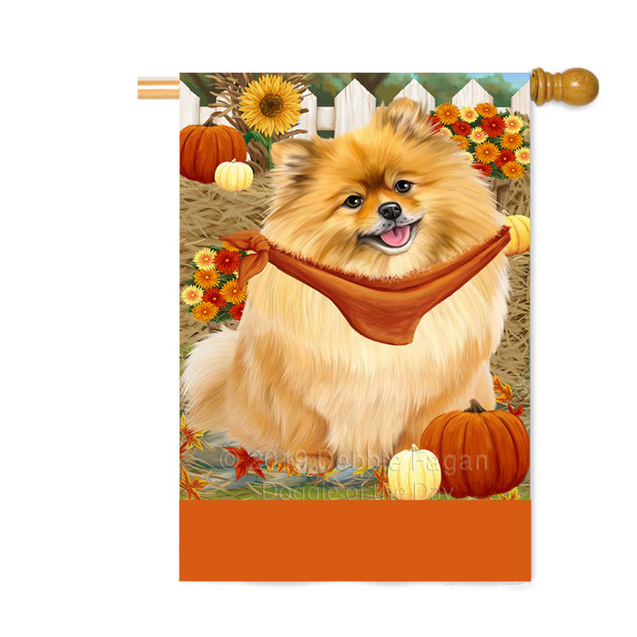 Personalized Fall Autumn Greeting Pomeranian Dog with Pumpkins Custom House Flag FLG-DOTD-A62055