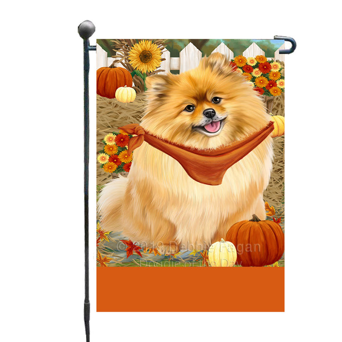 Personalized Fall Autumn Greeting Pomeranian Dog with Pumpkins Custom Garden Flags GFLG-DOTD-A61999