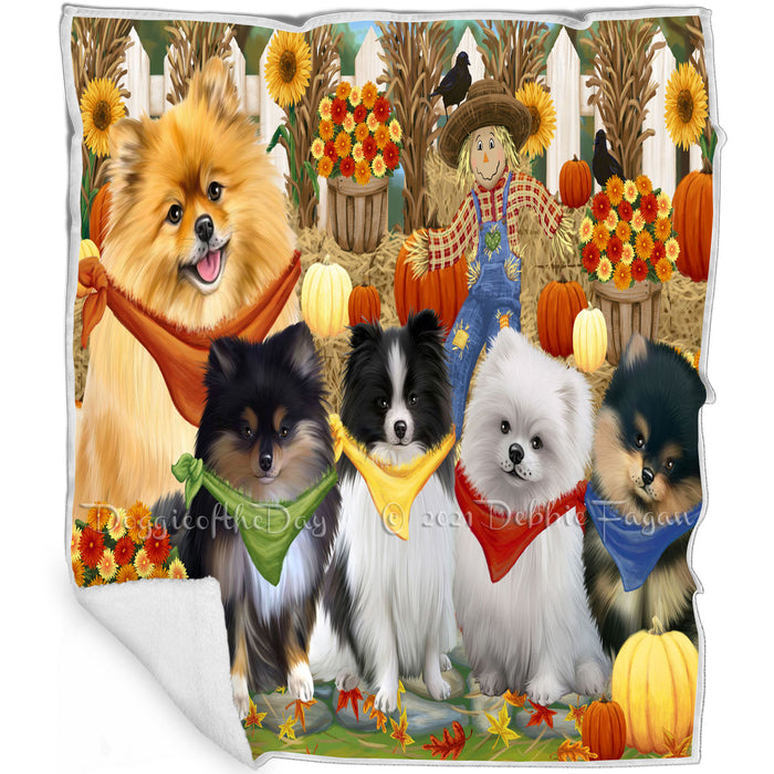 Fall Festive Gathering Pomeranians Dog with Pumpkins Blanket BLNKT73218