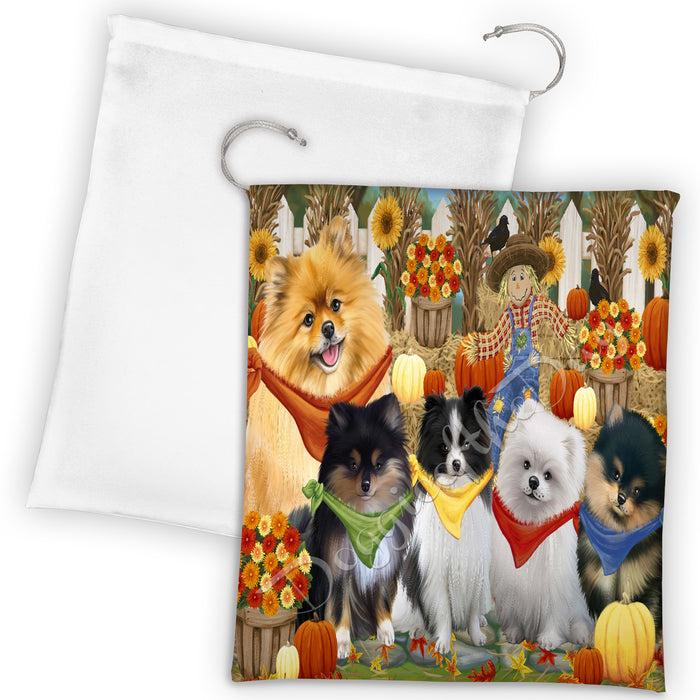 Fall Festive Harvest Time Gathering Pomeranian Dogs Drawstring Laundry or Gift Bag LGB48425